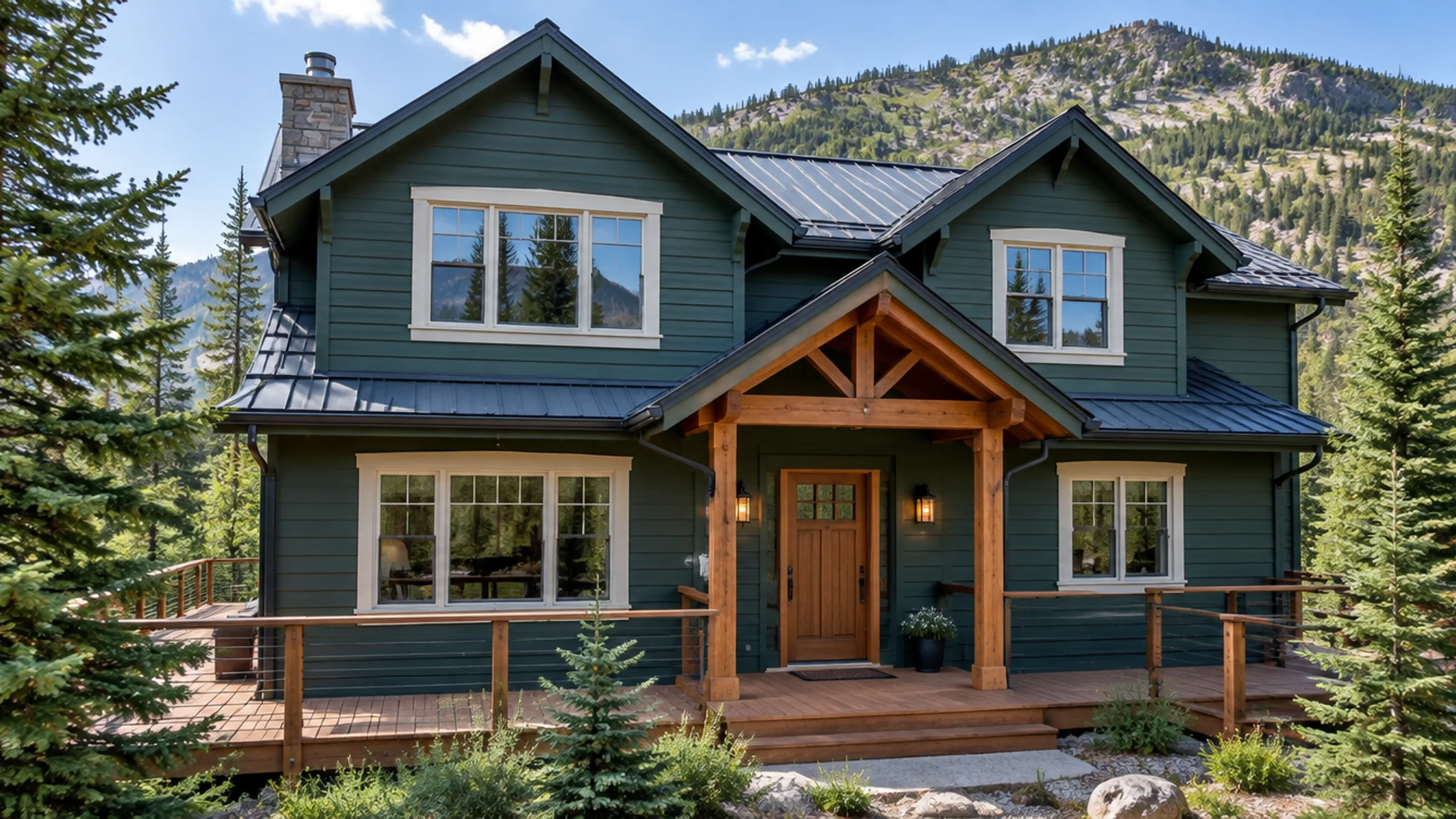 Ilustración de una casa de montaña en Colorado con revestimiento pintado de verde