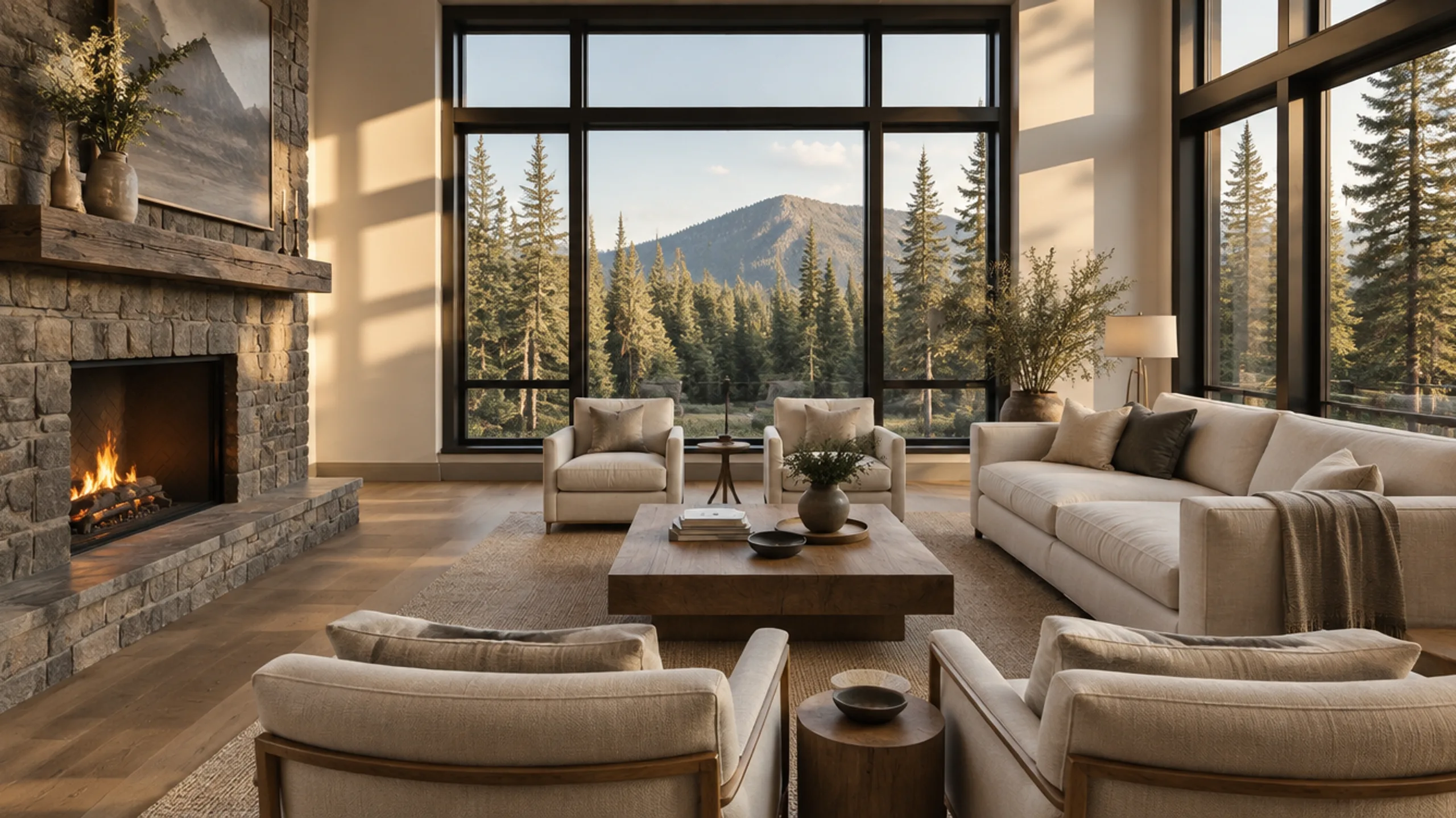 Ilustración de un interior de montaña recién pintado con madera cálida y vista al bosque